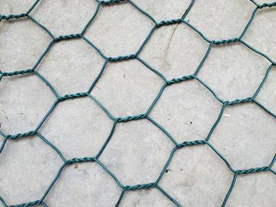 A piece of green color PVC coated gabions on the ground.
