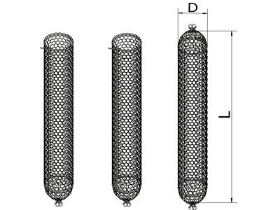 Three drawings of sack gabion for installation steps.