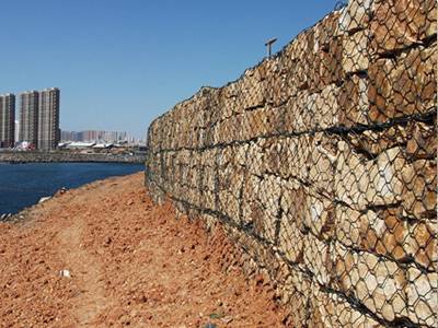Several PVC coated gabion boxes are installed on the coastal.