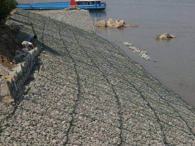 PVC coated gabions are installed on the coastal.
